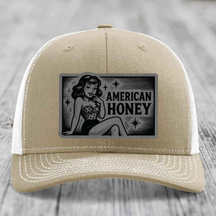 American Honey - Leather Patch Hat - Grey to Black Patch - Richardson 112 Snapback Trucker Hat