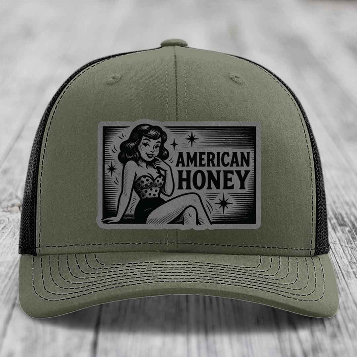 American Honey - Leather Patch Hat - Grey to Black Patch - Richardson 112 Snapback Trucker Hat