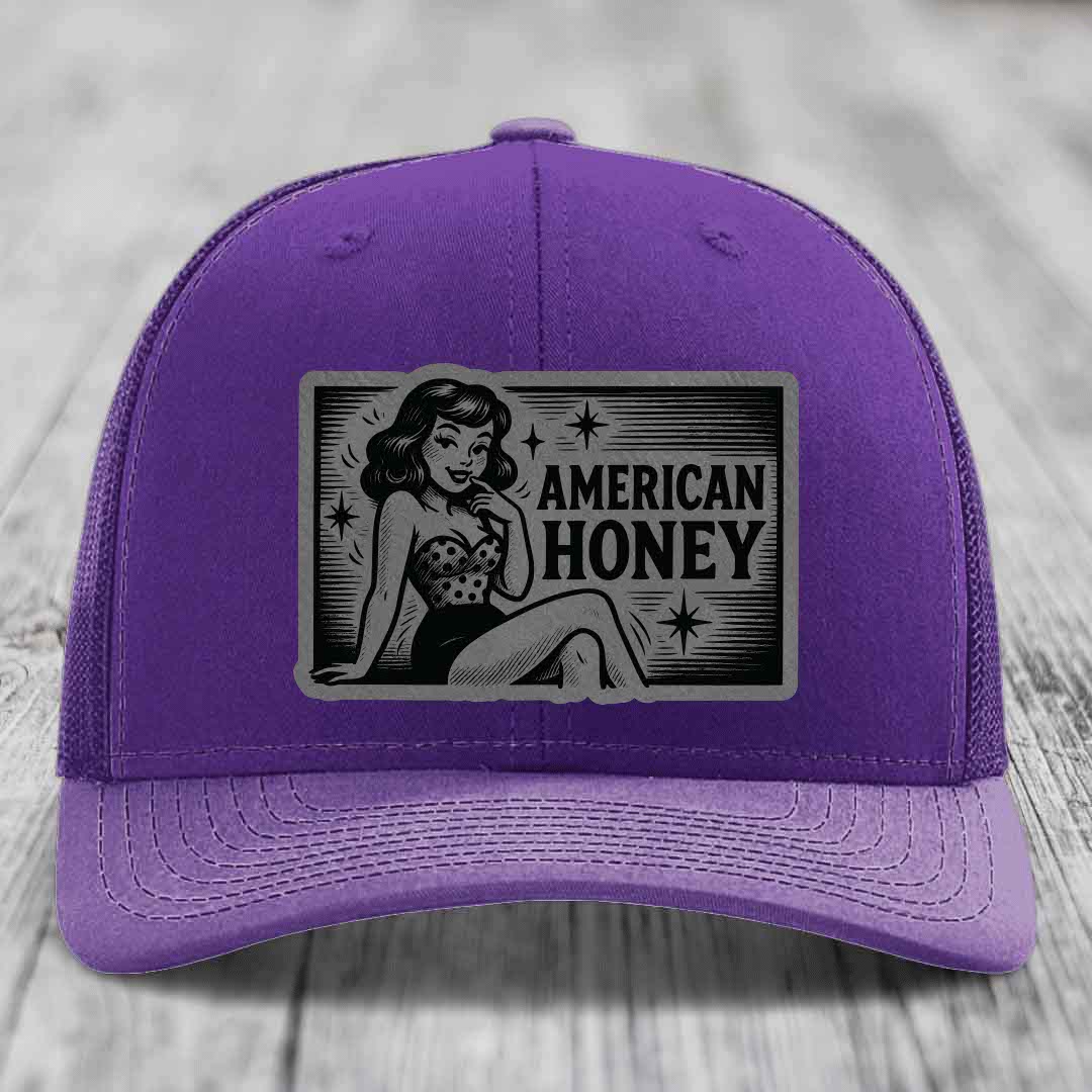 American Honey - Leather Patch Hat - Grey to Black Patch - Richardson 112 Snapback Trucker Hat