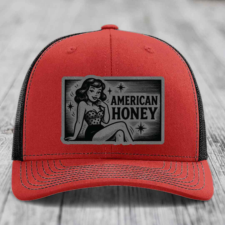 American Honey - Leather Patch Hat - Grey to Black Patch - Richardson 112 Snapback Trucker Hat