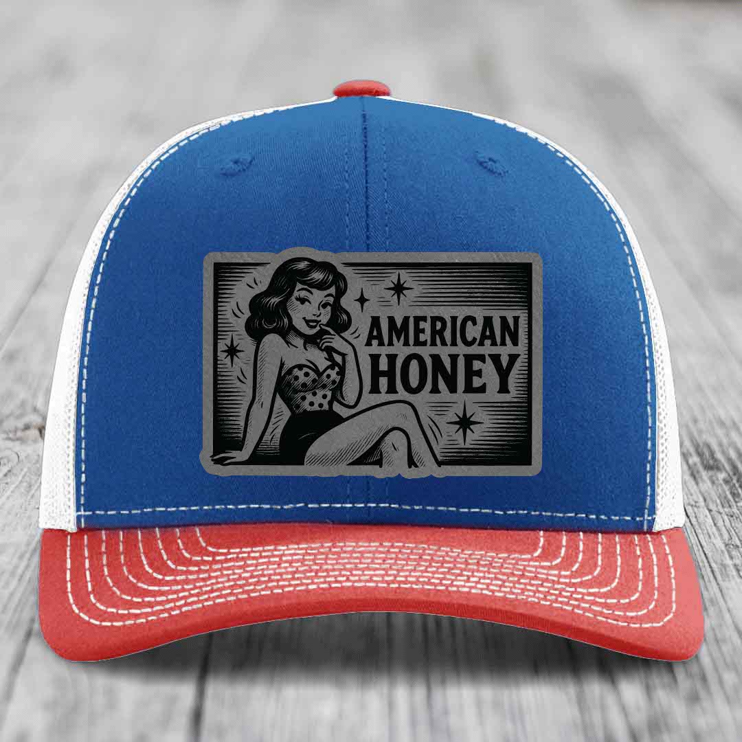 American Honey - Leather Patch Hat - Grey to Black Patch - Richardson 112 Snapback Trucker Hat
