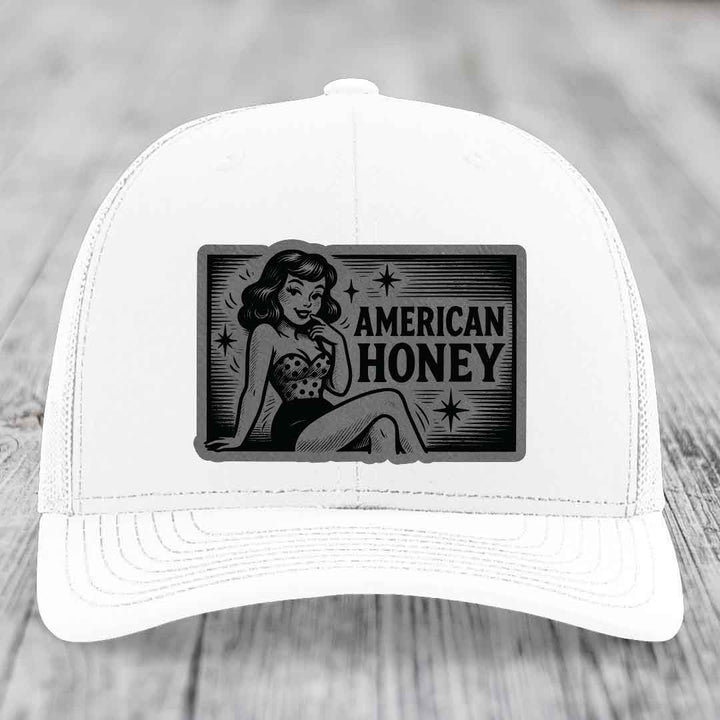 American Honey - Leather Patch Hat - Grey to Black Patch - Richardson 112 Snapback Trucker Hat