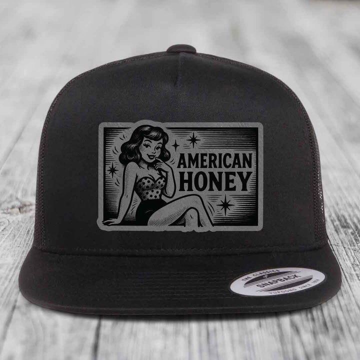 American Honey - Leather Patch Hat - Grey to Black Patch - Yupoong 6006 Snapback Flatbill Hat