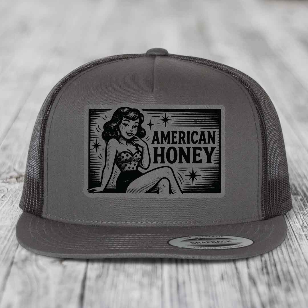 American Honey - Leather Patch Hat - Grey to Black Patch - Yupoong 6006 Snapback Flatbill Hat