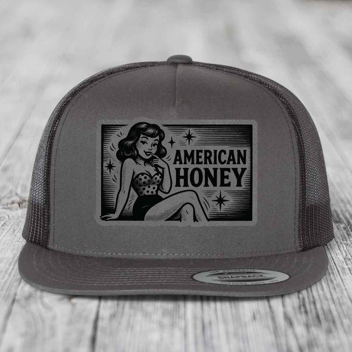 American Honey - Leather Patch Hat - Grey to Black Patch - Yupoong 6006 Snapback Flatbill Hat