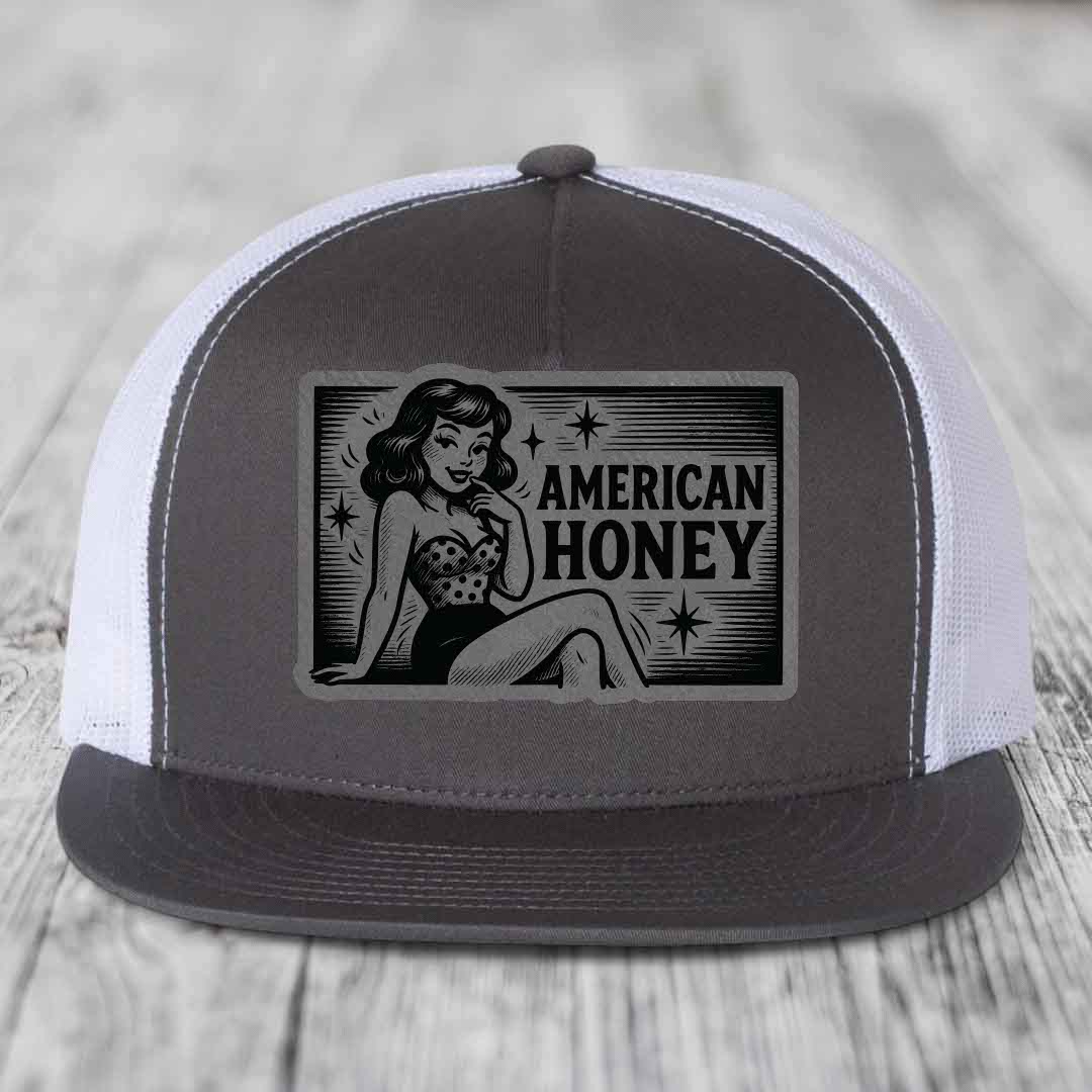 American Honey - Leather Patch Hat - Grey to Black Patch - Yupoong 6006 Snapback Flatbill Hat