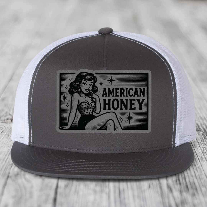 American Honey - Leather Patch Hat - Grey to Black Patch - Yupoong 6006 Snapback Flatbill Hat