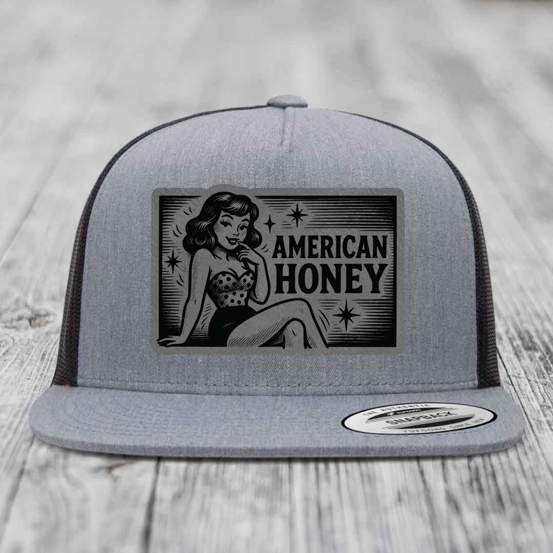 American Honey - Leather Patch Hat - Grey to Black Patch - Yupoong 6006 Snapback Flatbill Hat