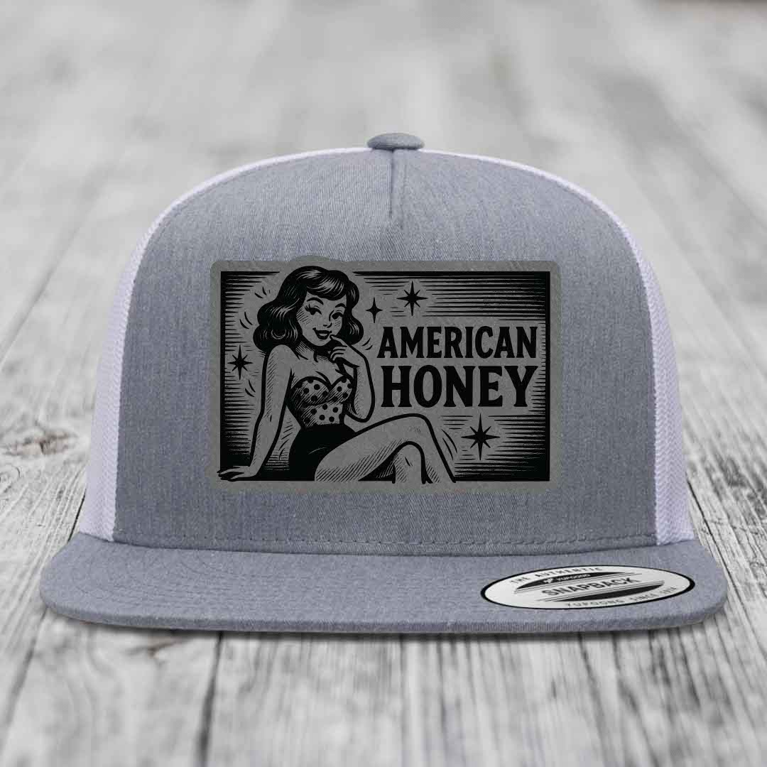 American Honey - Leather Patch Hat - Grey to Black Patch - Yupoong 6006 Snapback Flatbill Hat