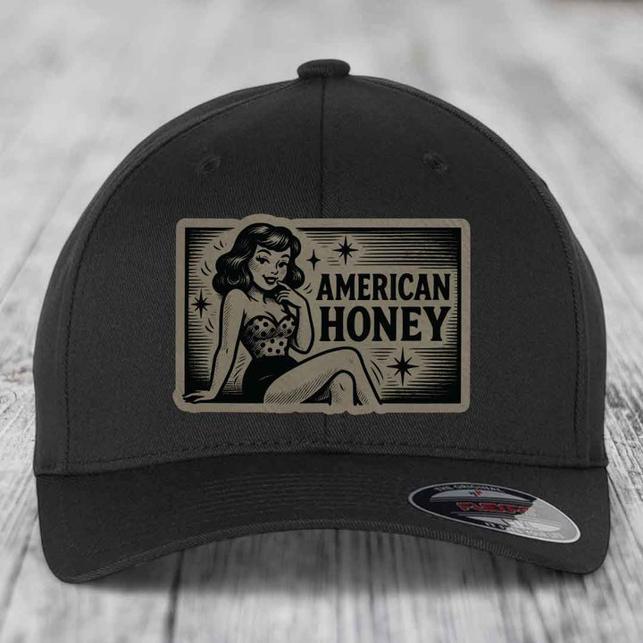 American Honey - Leather Patch Hat - Light Brown to Black Patch - Flexfit 6277 Fitted Hat
