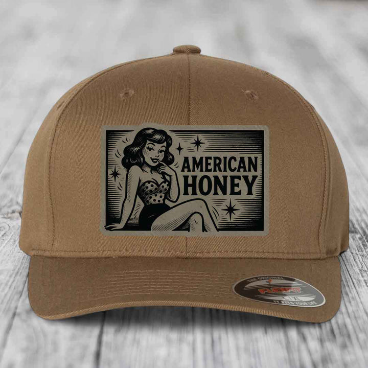 American Honey - Leather Patch Hat - Light Brown to Black Patch - Flexfit 6277 Fitted Hat