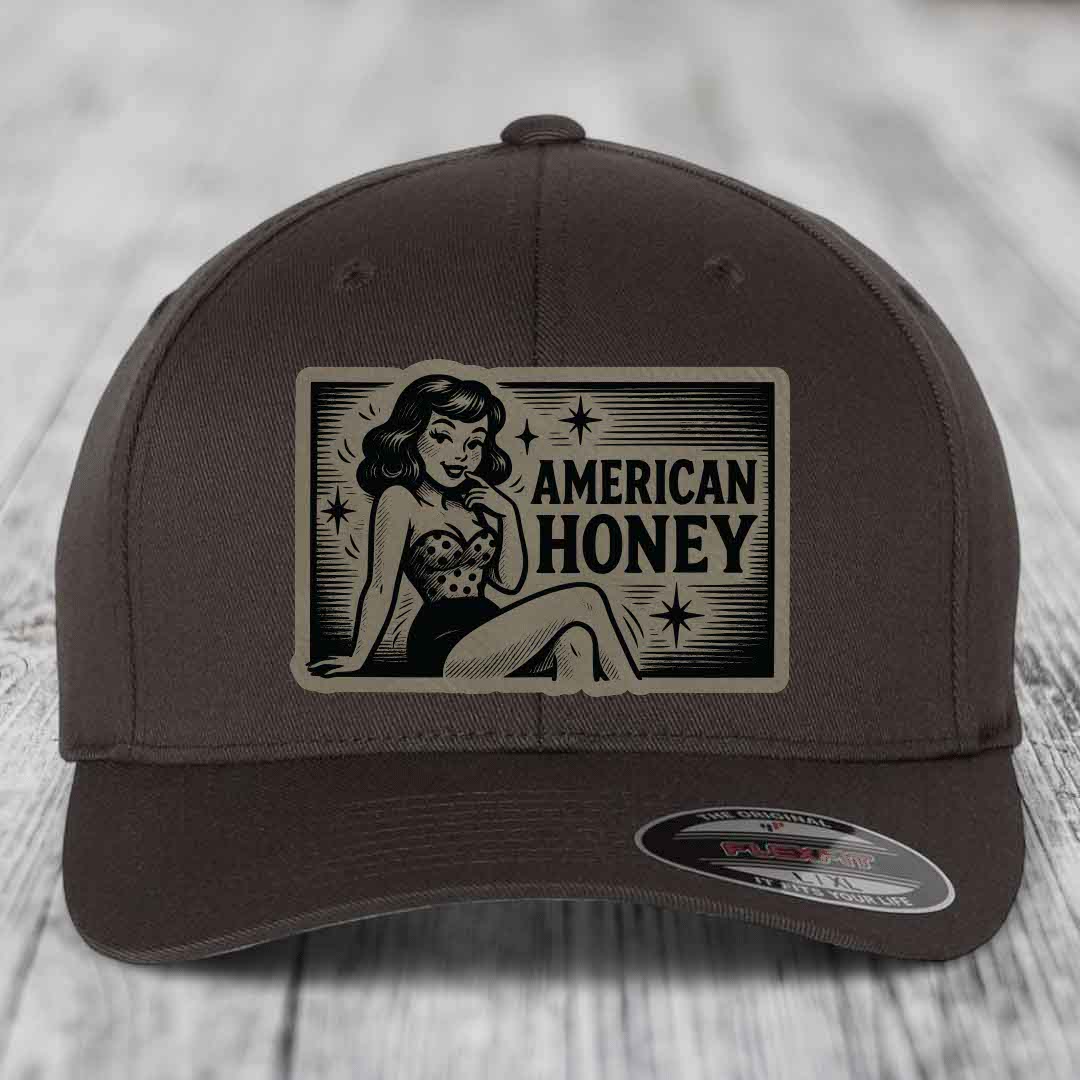 American Honey - Leather Patch Hat - Light Brown to Black Patch - Flexfit 6277 Fitted Hat