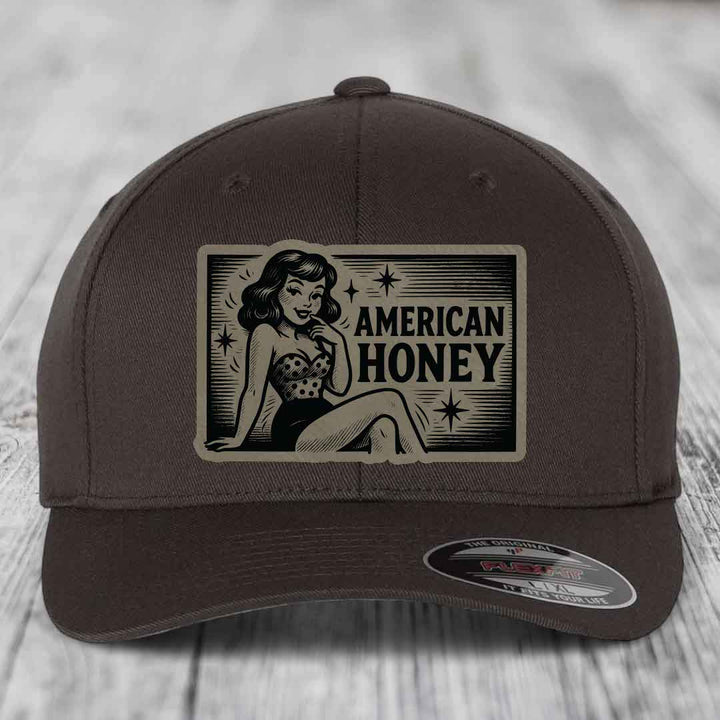 American Honey - Leather Patch Hat - Light Brown to Black Patch - Flexfit 6277 Fitted Hat