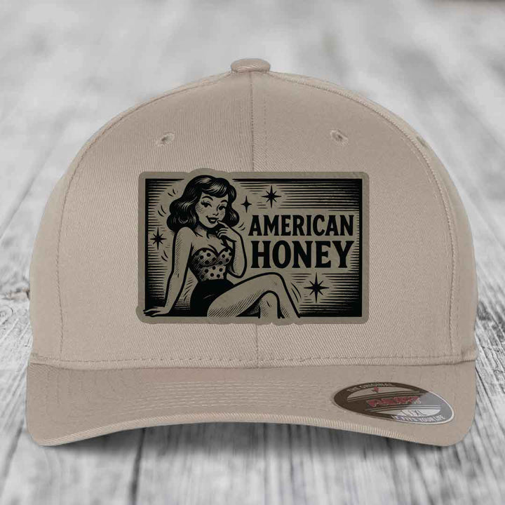 American Honey - Leather Patch Hat - Light Brown to Black Patch - Flexfit 6277 Fitted Hat