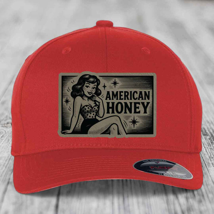 American Honey - Leather Patch Hat - Light Brown to Black Patch - Flexfit 6277 Fitted Hat