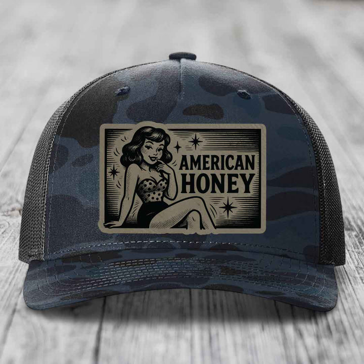 American Honey - Leather Patch Hat - Light Brown to Black Patch - Richardson 112PFP Snapback Trucker Hat
