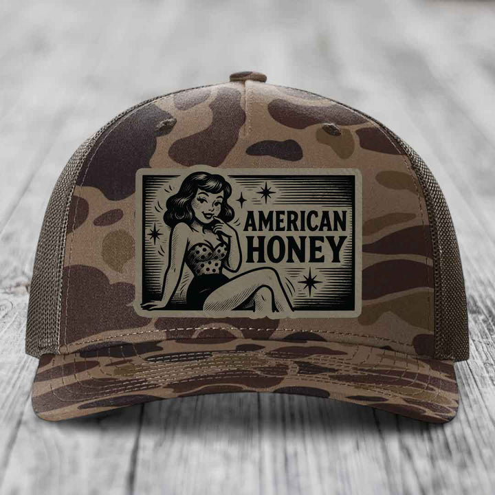 American Honey - Leather Patch Hat - Light Brown to Black Patch - Richardson 112PFP Snapback Trucker Hat