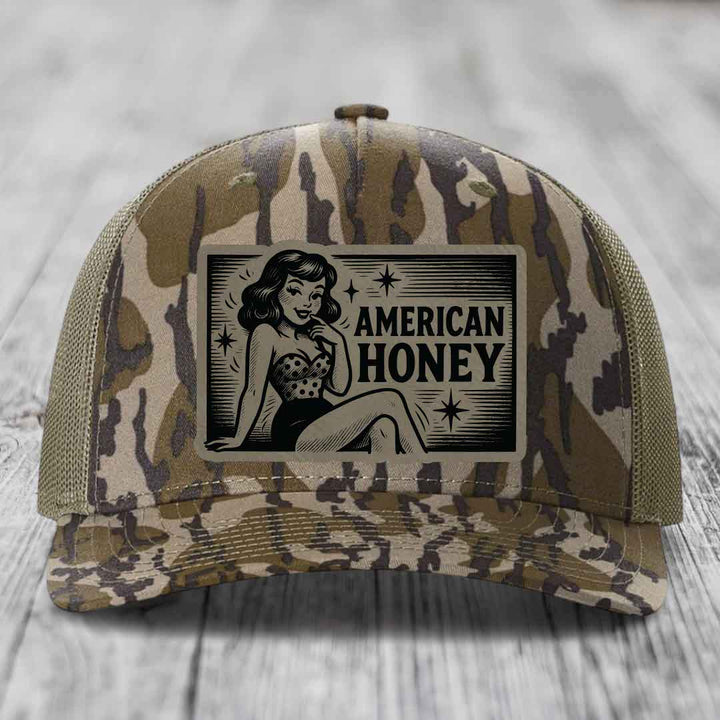 American Honey - Leather Patch Hat - Light Brown to Black Patch - Richardson 112PFP Snapback Trucker Hat
