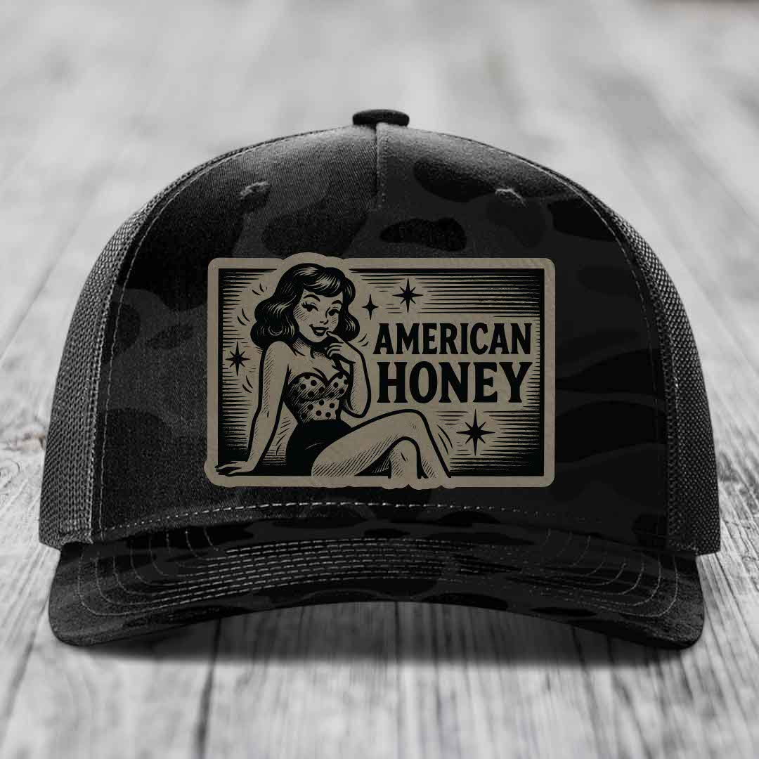 American Honey - Leather Patch Hat - Light Brown to Black Patch - Richardson 112PFP Snapback Trucker Hat
