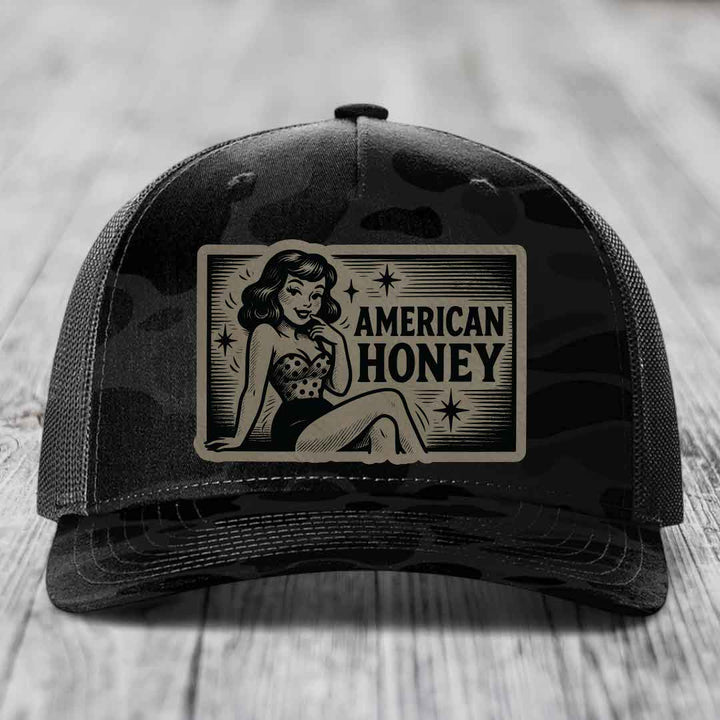 American Honey - Leather Patch Hat - Light Brown to Black Patch - Richardson 112PFP Snapback Trucker Hat