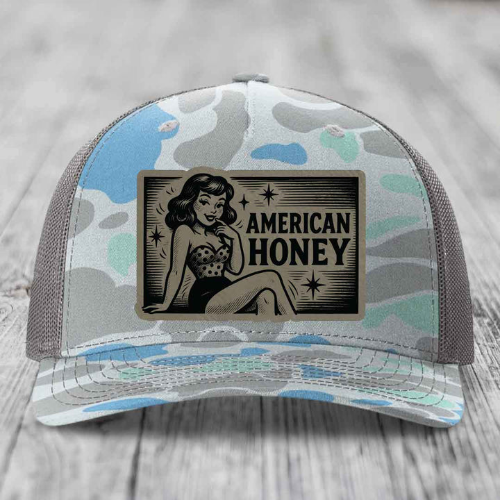 American Honey - Leather Patch Hat - Light Brown to Black Patch - Richardson 112PFP Snapback Trucker Hat