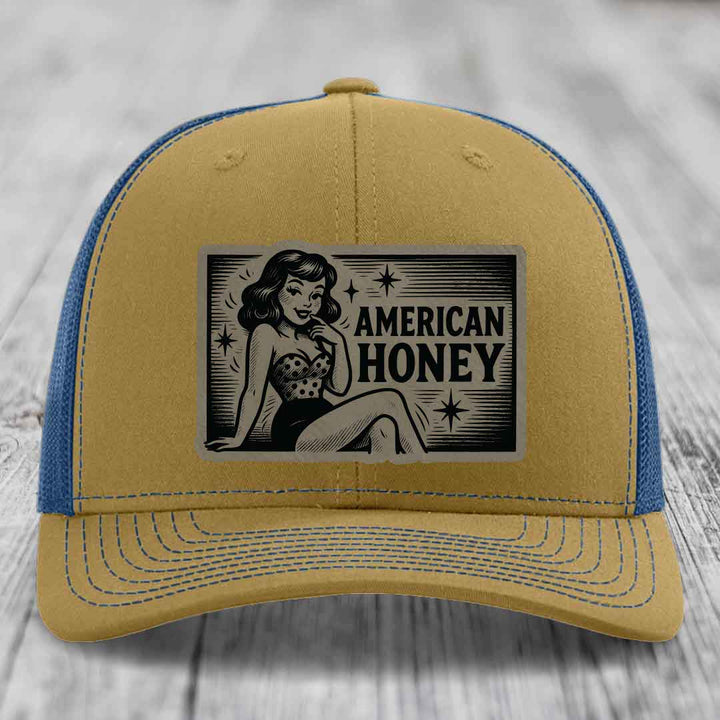 American Honey - Leather Patch Hat - Light Brown to Black Patch - Richardson 112 Snapback Trucker Hat