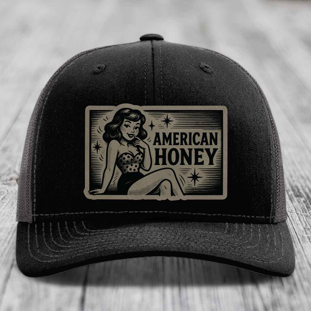 American Honey - Leather Patch Hat - Light Brown to Black Patch - Richardson 112 Snapback Trucker Hat
