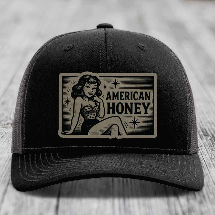 American Honey - Leather Patch Hat - Light Brown to Black Patch - Richardson 112 Snapback Trucker Hat