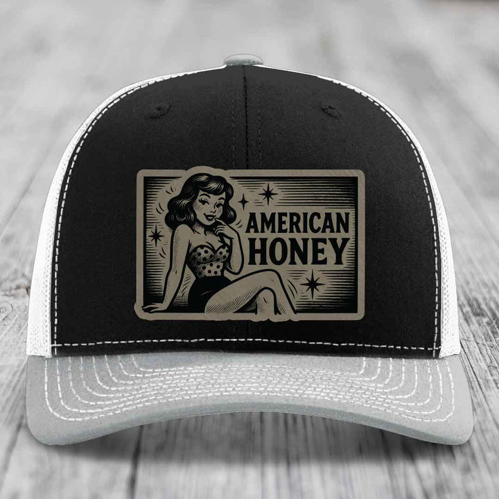 American Honey - Leather Patch Hat - Light Brown to Black Patch - Richardson 112 Snapback Trucker Hat