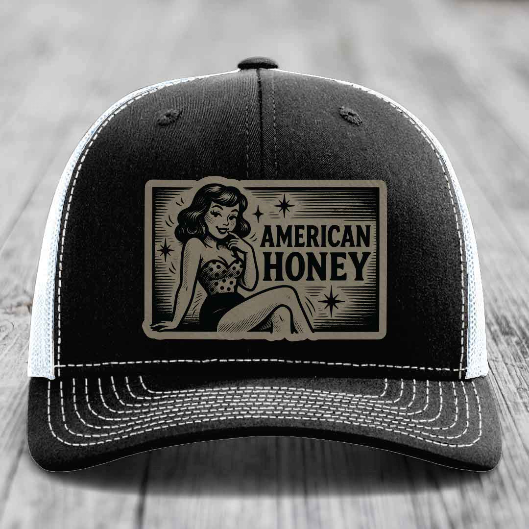 American Honey - Leather Patch Hat - Light Brown to Black Patch - Richardson 112 Snapback Trucker Hat