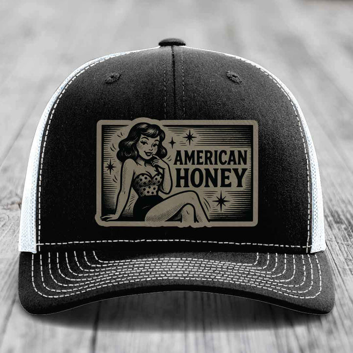 American Honey - Leather Patch Hat - Light Brown to Black Patch - Richardson 112 Snapback Trucker Hat