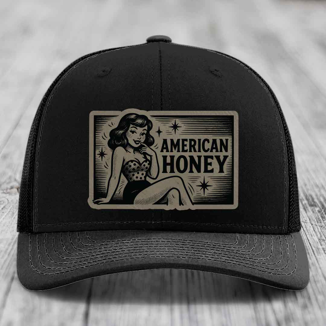 American Honey - Leather Patch Hat - Light Brown to Black Patch - Richardson 112 Snapback Trucker Hat