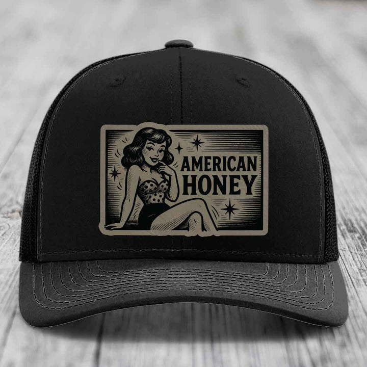 American Honey - Leather Patch Hat - Light Brown to Black Patch - Richardson 112 Snapback Trucker Hat