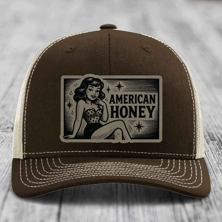 American Honey - Leather Patch Hat - Light Brown to Black Patch - Richardson 112 Snapback Trucker Hat