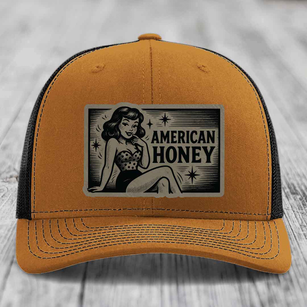American Honey - Leather Patch Hat - Light Brown to Black Patch - Richardson 112 Snapback Trucker Hat