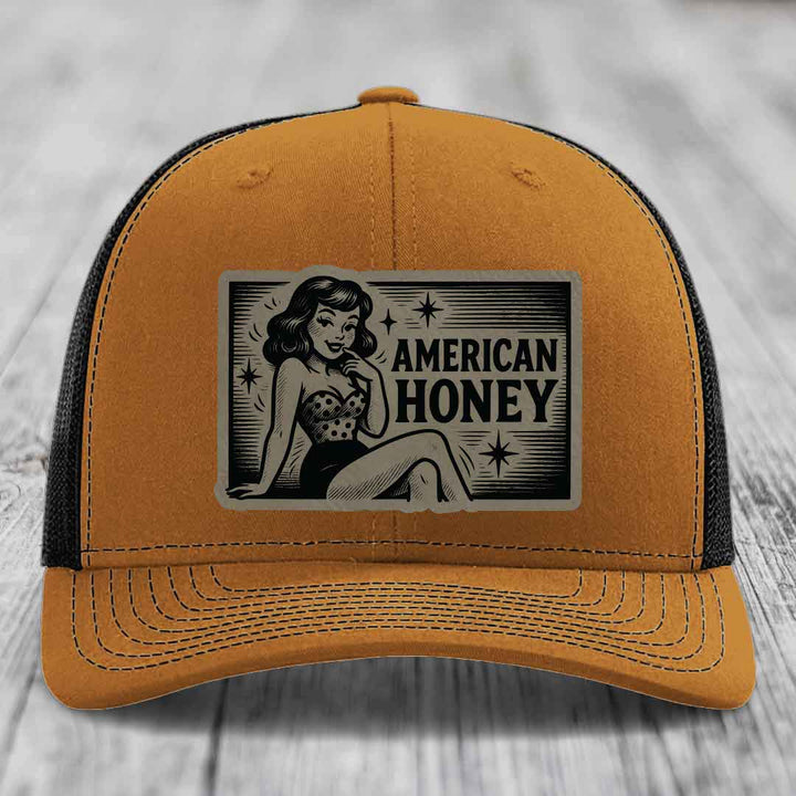 American Honey - Leather Patch Hat - Light Brown to Black Patch - Richardson 112 Snapback Trucker Hat