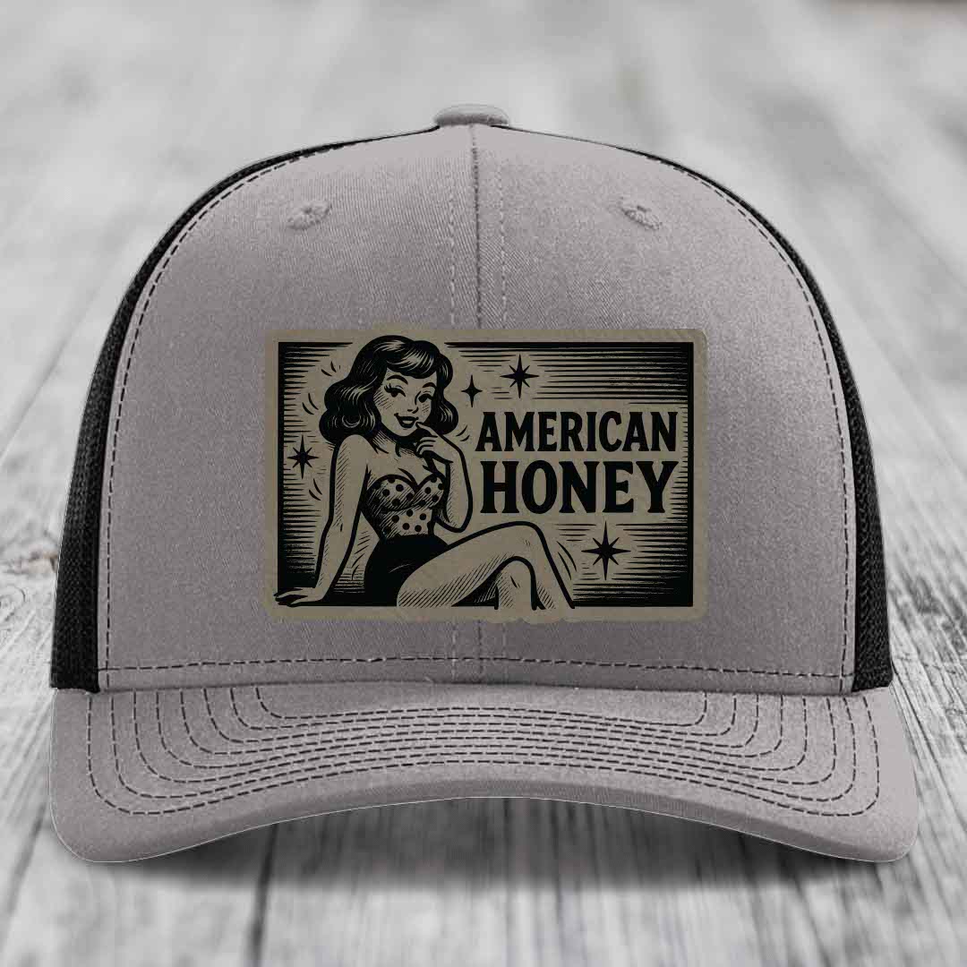 American Honey - Leather Patch Hat - Light Brown to Black Patch - Richardson 112 Snapback Trucker Hat