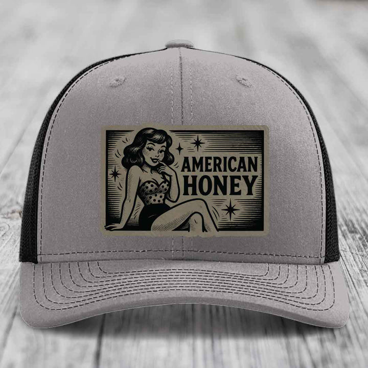 American Honey - Leather Patch Hat - Light Brown to Black Patch - Richardson 112 Snapback Trucker Hat