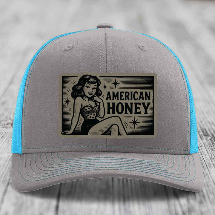 American Honey - Leather Patch Hat - Light Brown to Black Patch - Richardson 112 Snapback Trucker Hat