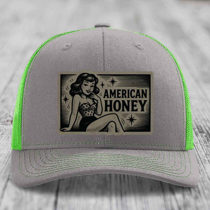 American Honey - Leather Patch Hat - Light Brown to Black Patch - Richardson 112 Snapback Trucker Hat