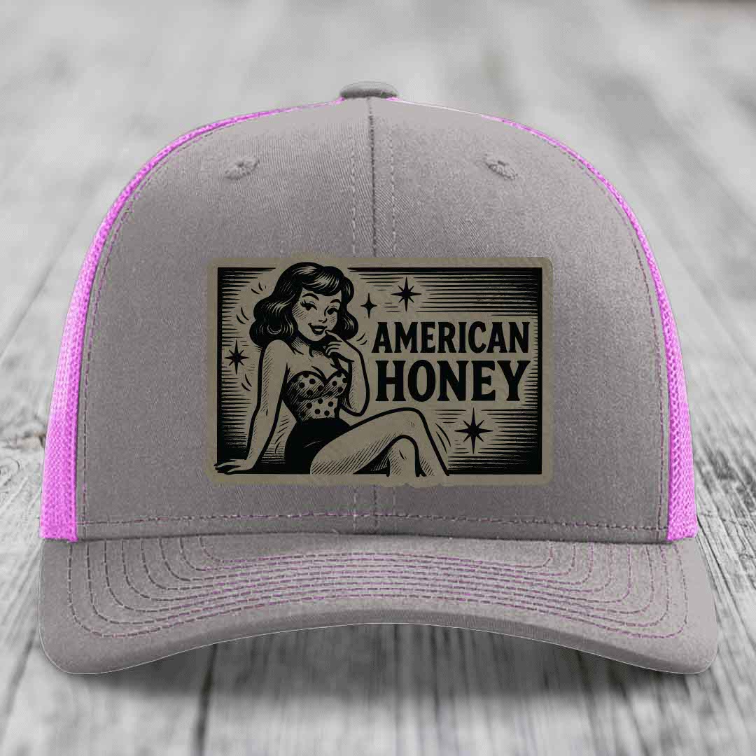 American Honey - Leather Patch Hat - Light Brown to Black Patch - Richardson 112 Snapback Trucker Hat