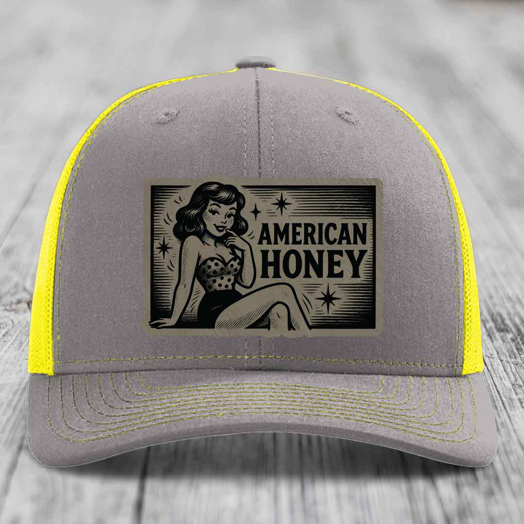 American Honey - Leather Patch Hat - Light Brown to Black Patch - Richardson 112 Snapback Trucker Hat