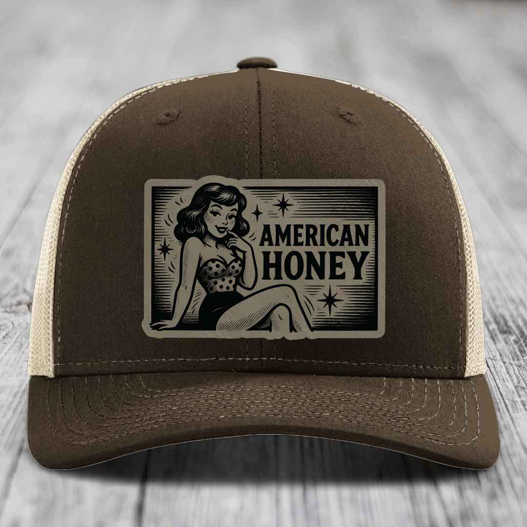 American Honey - Leather Patch Hat - Light Brown to Black Patch - Richardson 112 Snapback Trucker Hat