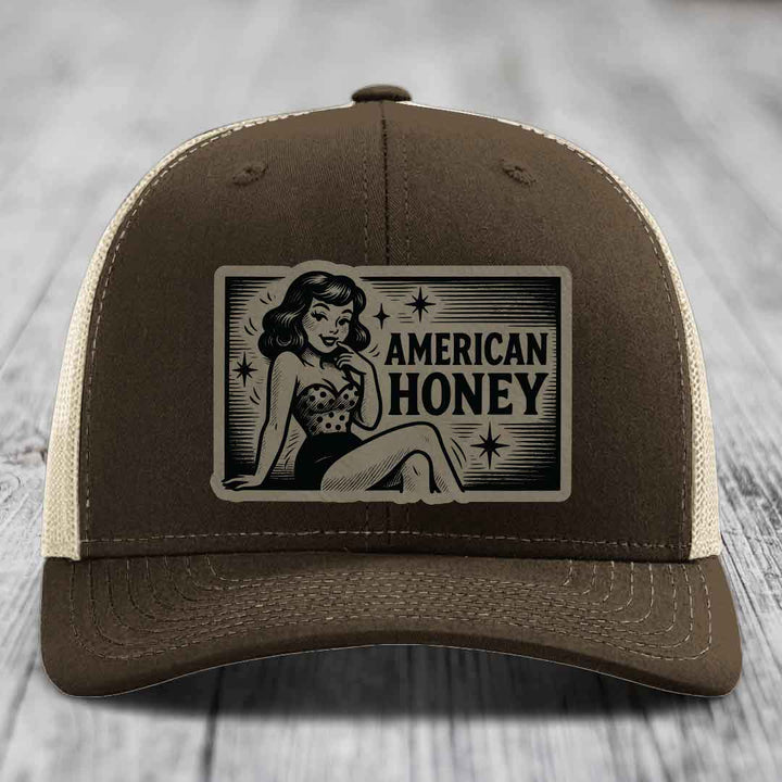 American Honey - Leather Patch Hat - Light Brown to Black Patch - Richardson 112 Snapback Trucker Hat