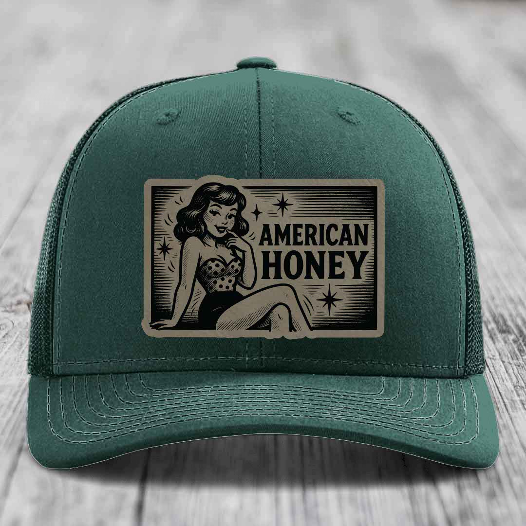 American Honey - Leather Patch Hat - Light Brown to Black Patch - Richardson 112 Snapback Trucker Hat