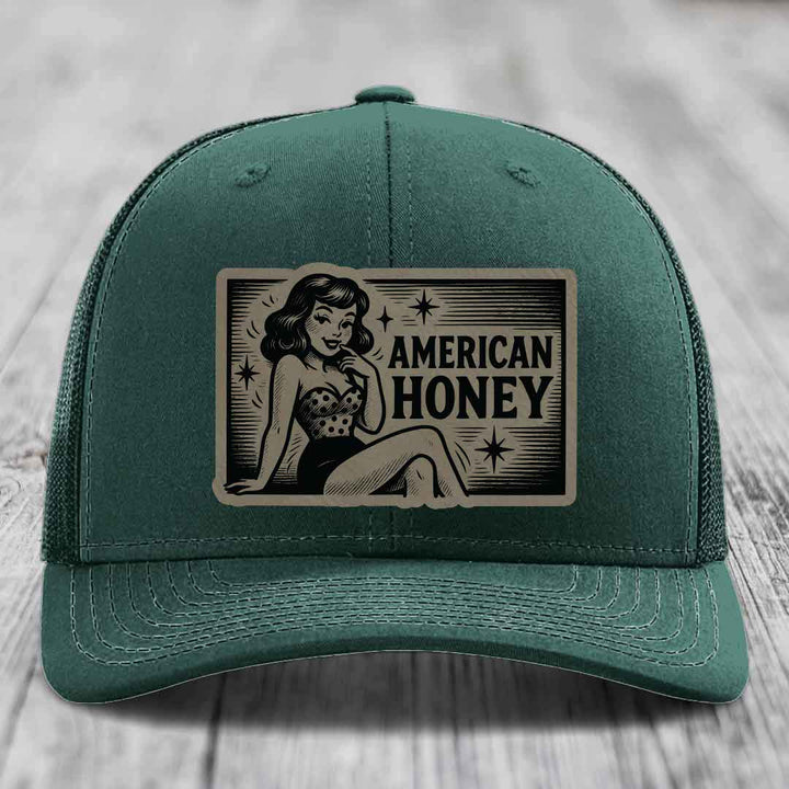 American Honey - Leather Patch Hat - Light Brown to Black Patch - Richardson 112 Snapback Trucker Hat