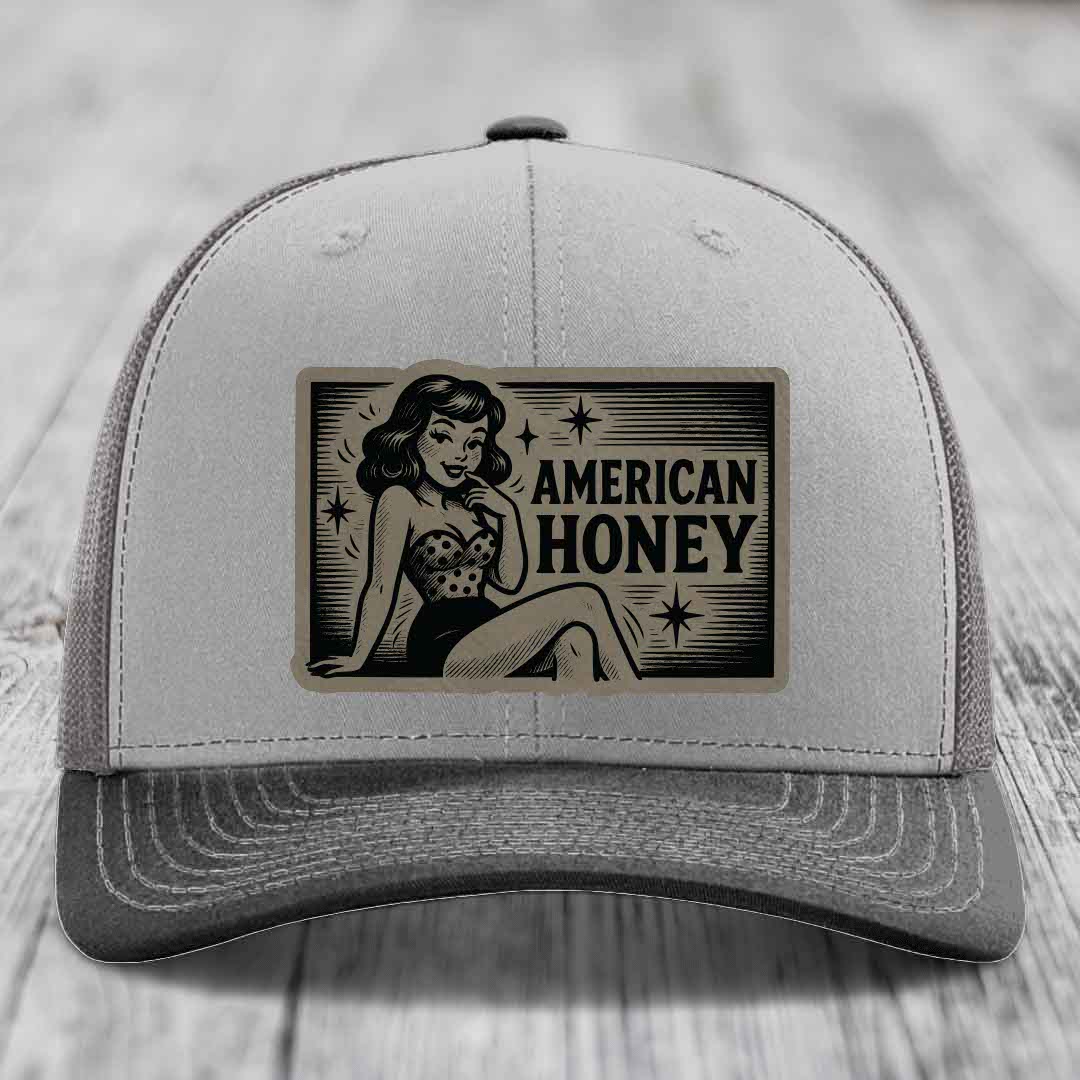 American Honey - Leather Patch Hat - Light Brown to Black Patch - Richardson 112 Snapback Trucker Hat