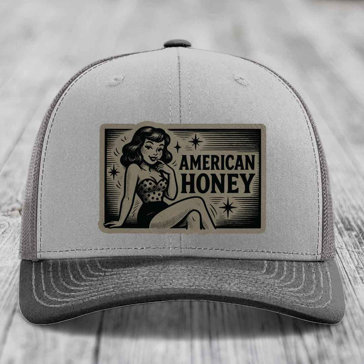 American Honey - Leather Patch Hat - Light Brown to Black Patch - Richardson 112 Snapback Trucker Hat