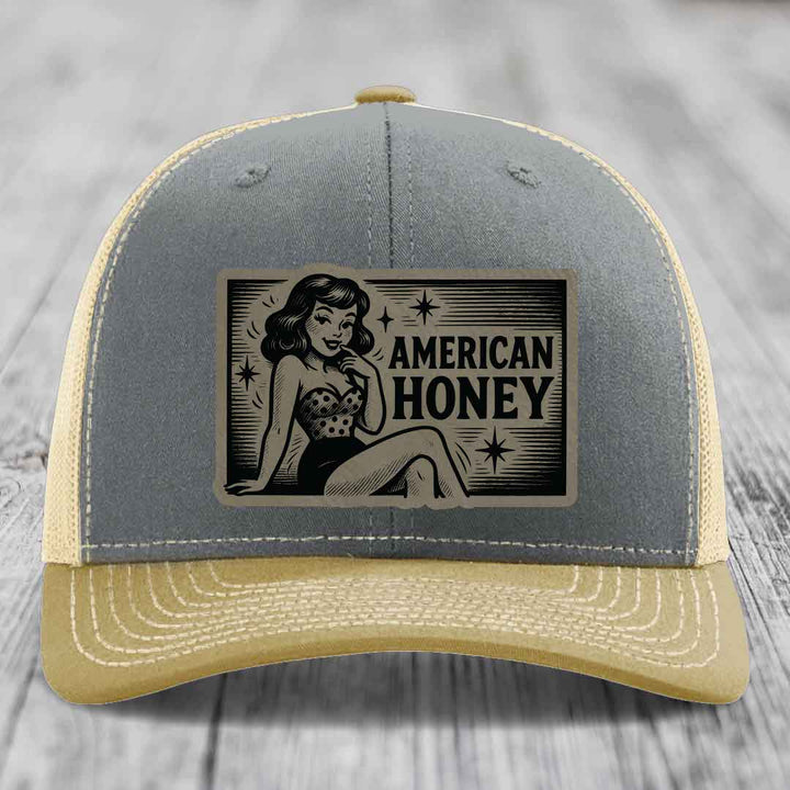American Honey - Leather Patch Hat - Light Brown to Black Patch - Richardson 112 Snapback Trucker Hat