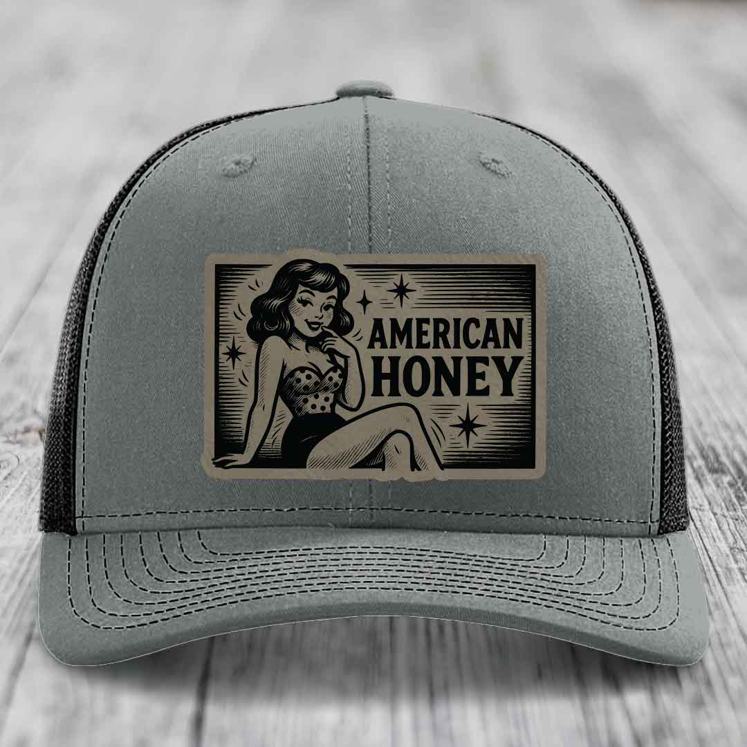 American Honey - Leather Patch Hat - Light Brown to Black Patch - Richardson 112 Snapback Trucker Hat